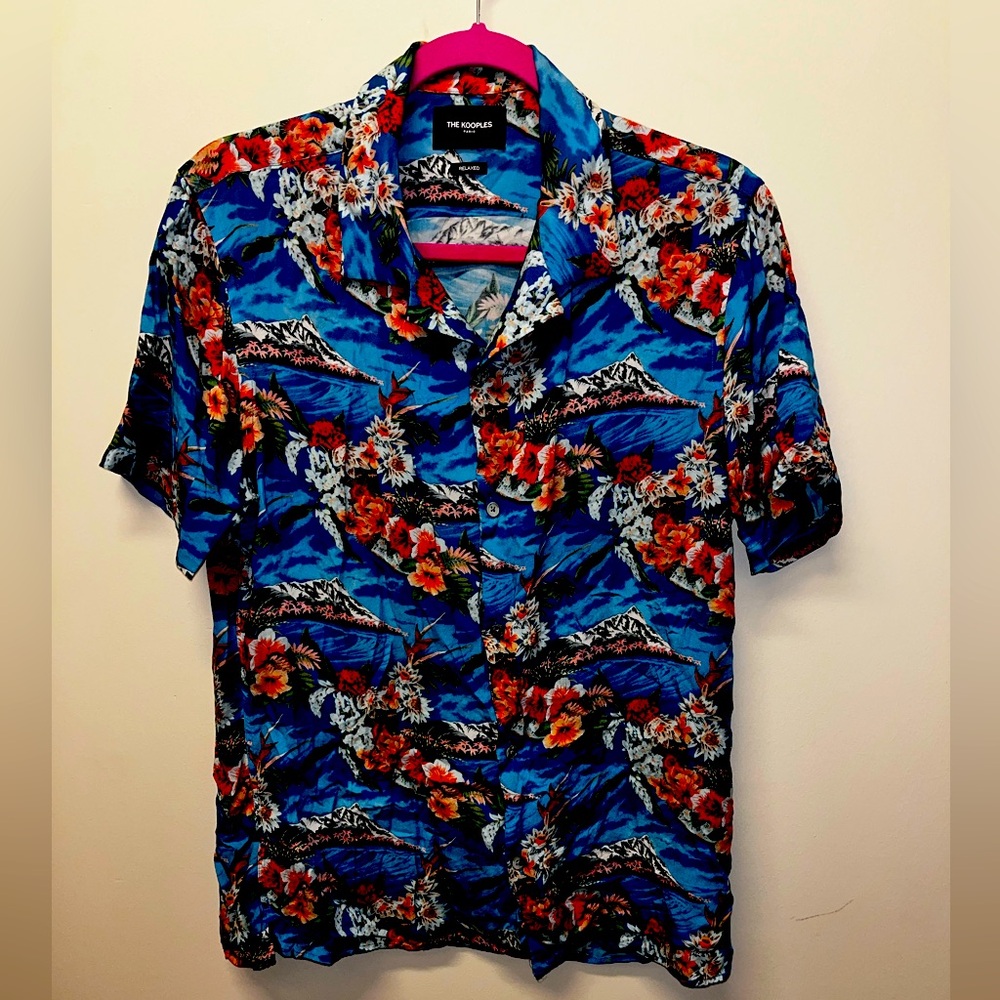 The Kooples Paris Camp Shirt Men Medium blue Palm Frond AOP Short‎ Sleeve $235